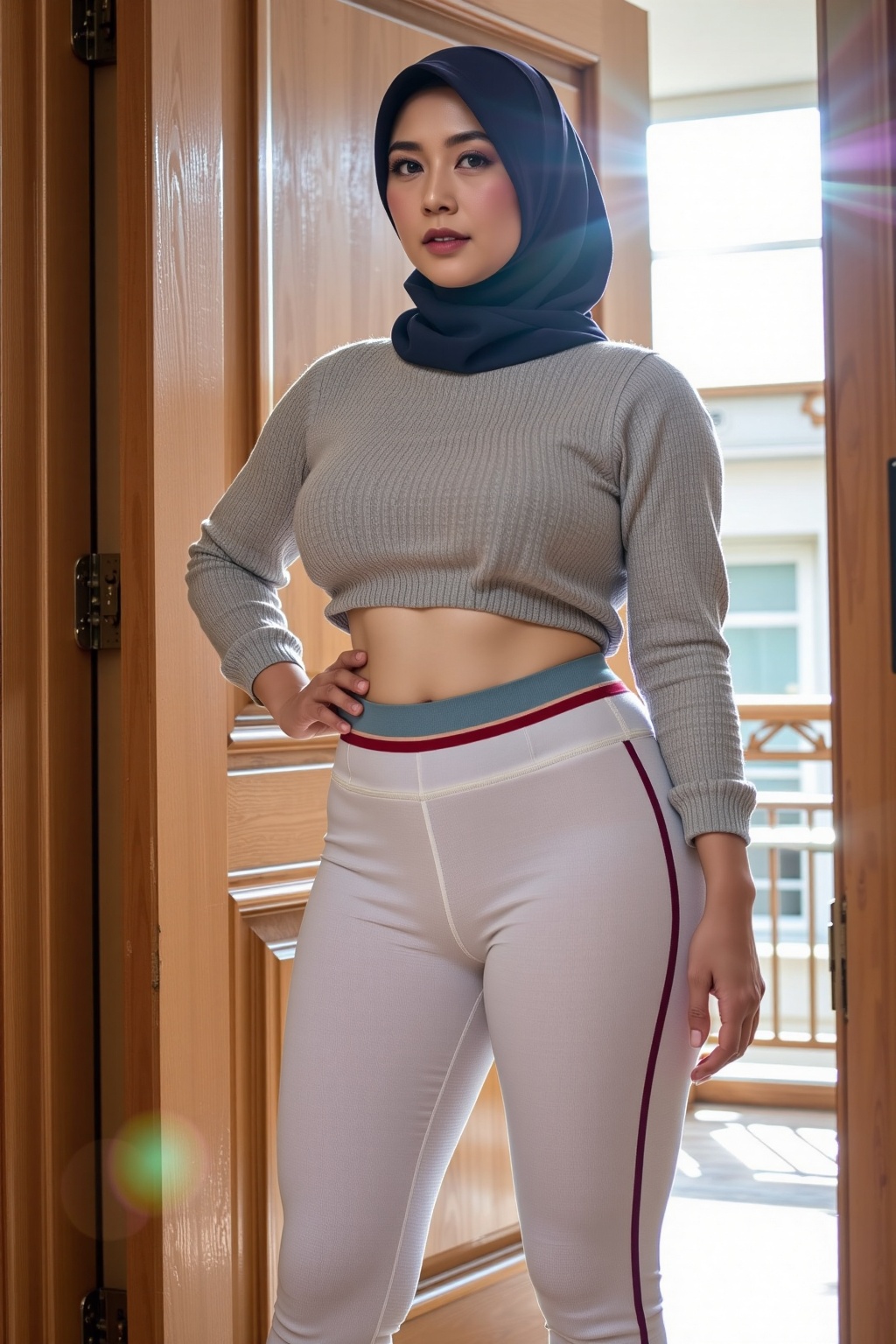 (HIJAB)A young woman wearing a light gray,  cropped,  long-sleeved top with visible buttons on Tensor.Art