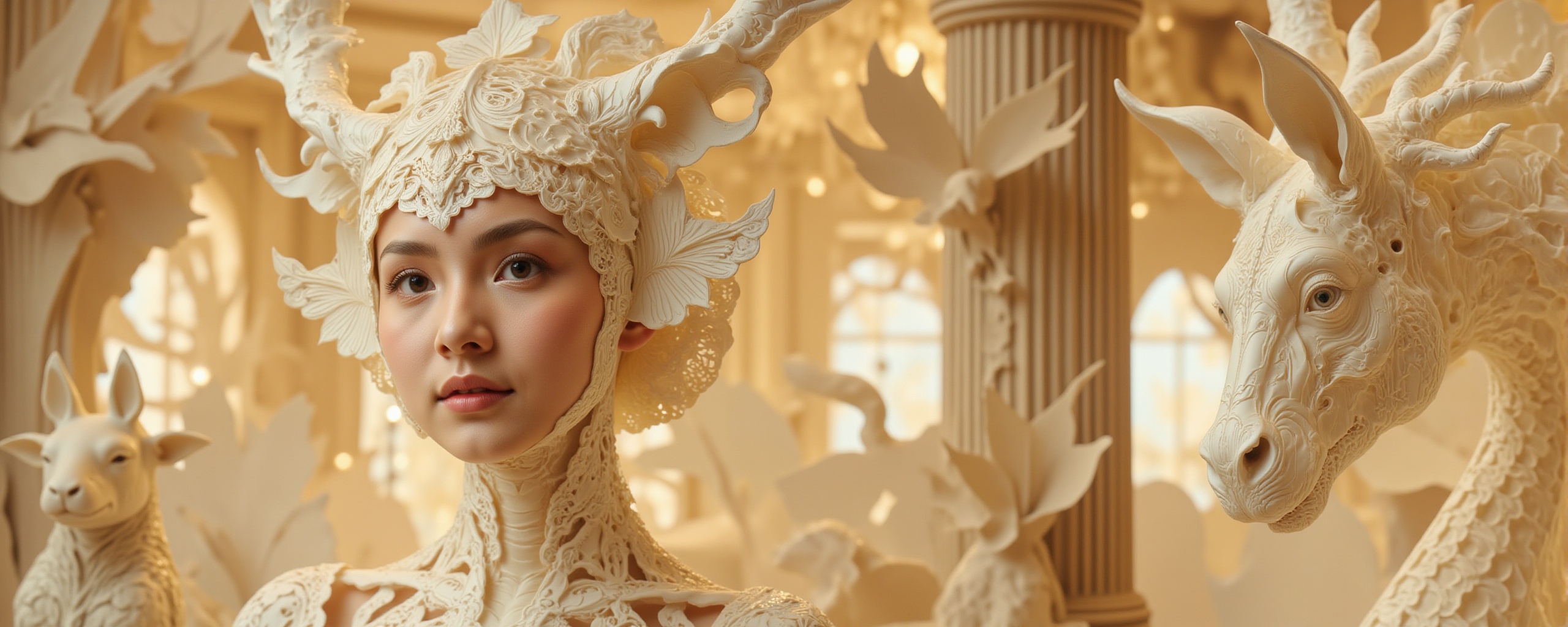 A hyperrealistic photography of a Caucasian girl's face with a creature,  reminiscent of James Christensen's style. The su...