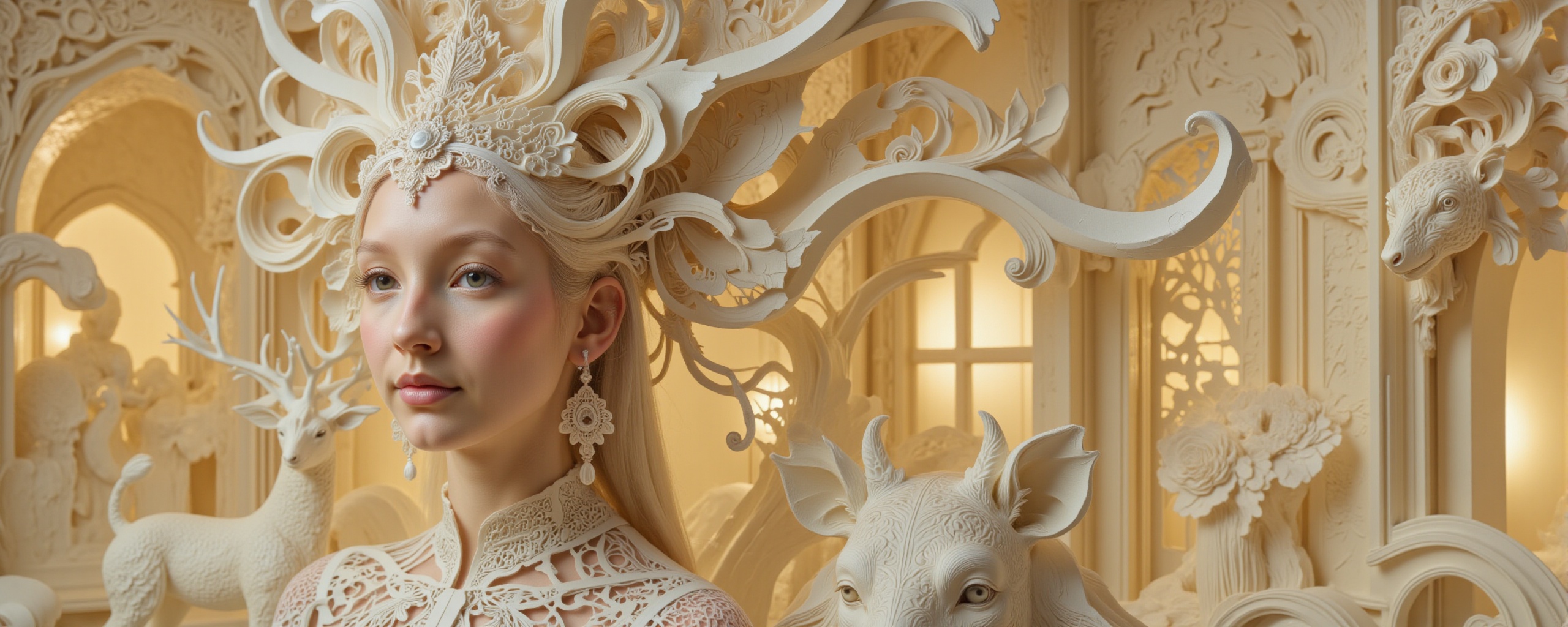 A hyperrealistic photography of a Caucasian girl's face with a creature,  reminiscent of James Christensen's style. The su...