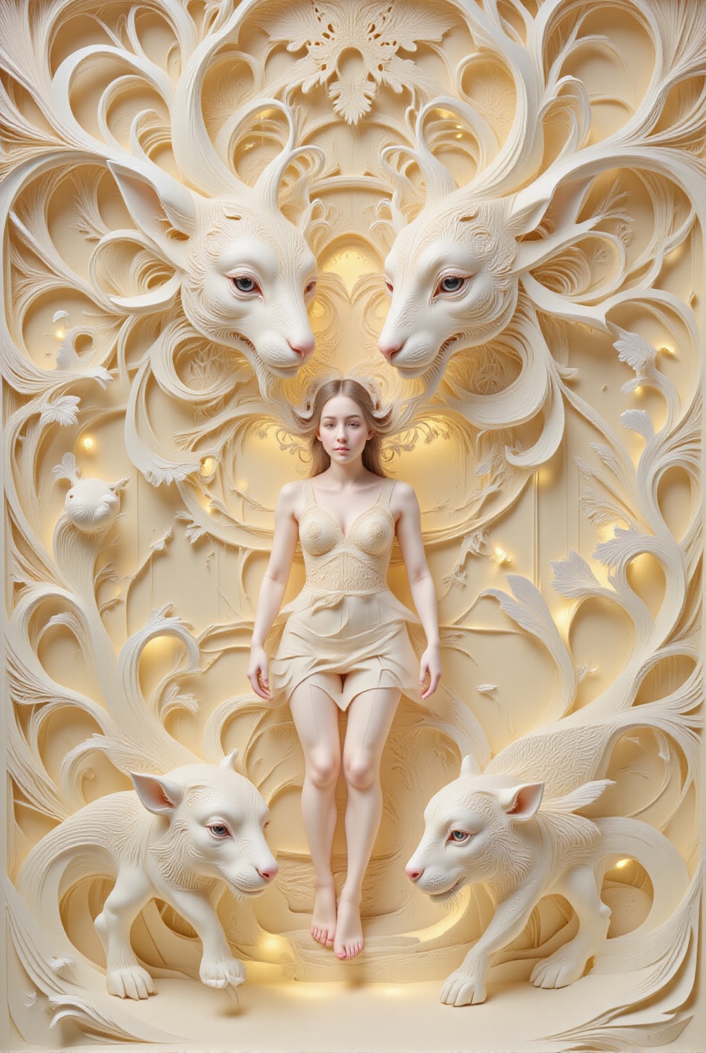 A hyperrealistic photography of a Caucasian girl's face with a creature,  reminiscent of James Christensen's style. The su...