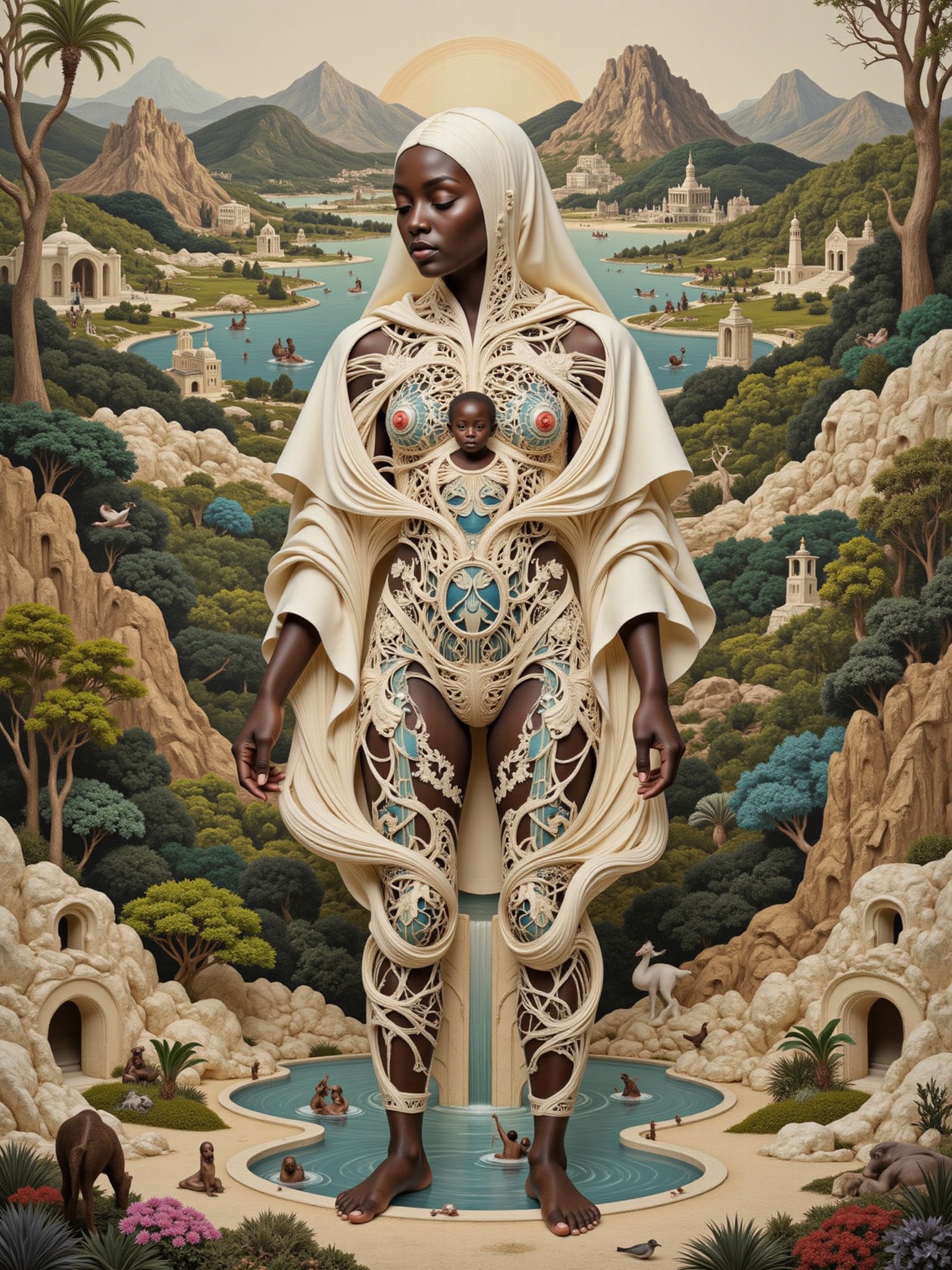 (1 beautiful african black skinned blonde woman and her Inner keychild,  surreal photography,  relative perspective on Ten...