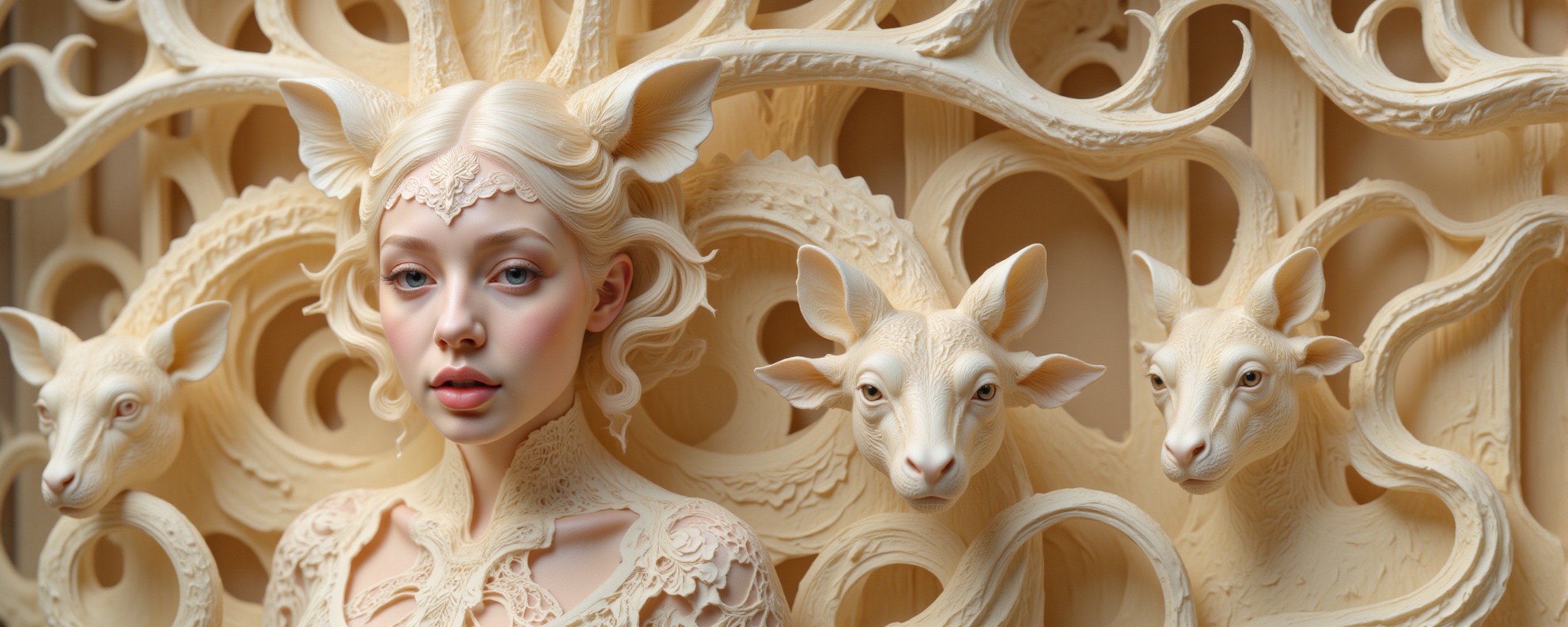 A hyperrealistic photography of a Caucasian girl's face with a creature,  reminiscent of James Christensen's style. The su...