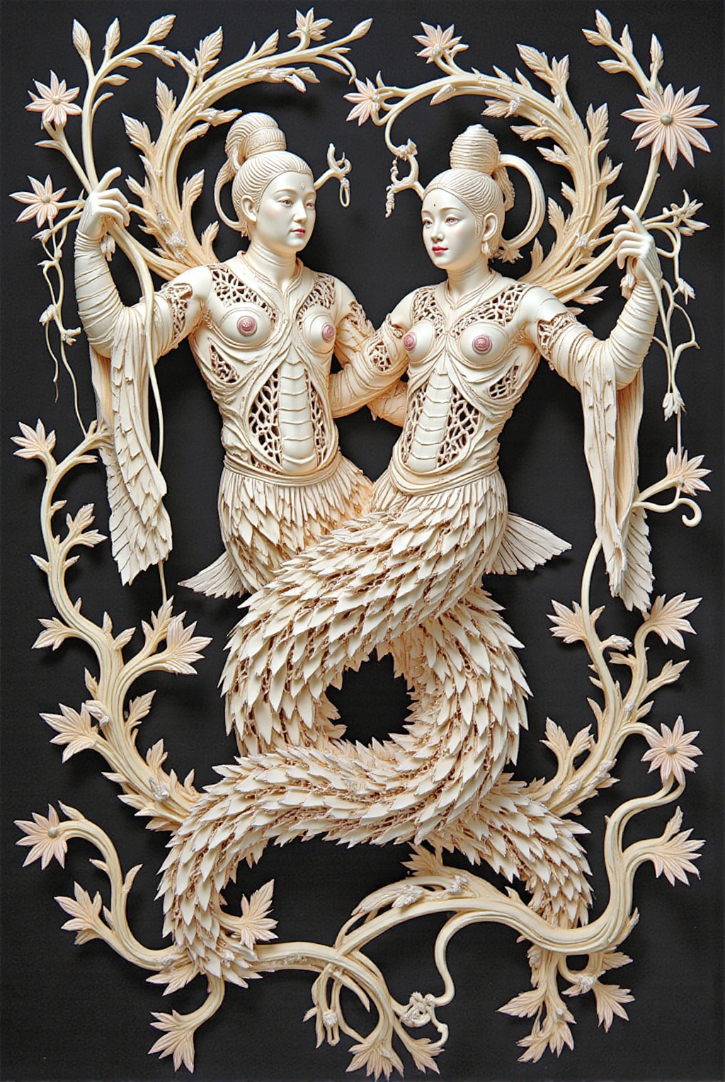 1 boy and 1 girl are Fuxi and Nuwa ,  Human upper body,  snake lower body. photography in the style of detailed hyperreali...