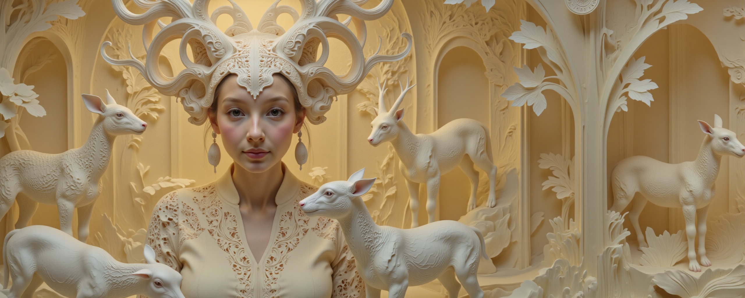 A hyperrealistic photography of a Caucasian girl's face with a creature,  reminiscent of James Christensen's style. The su...