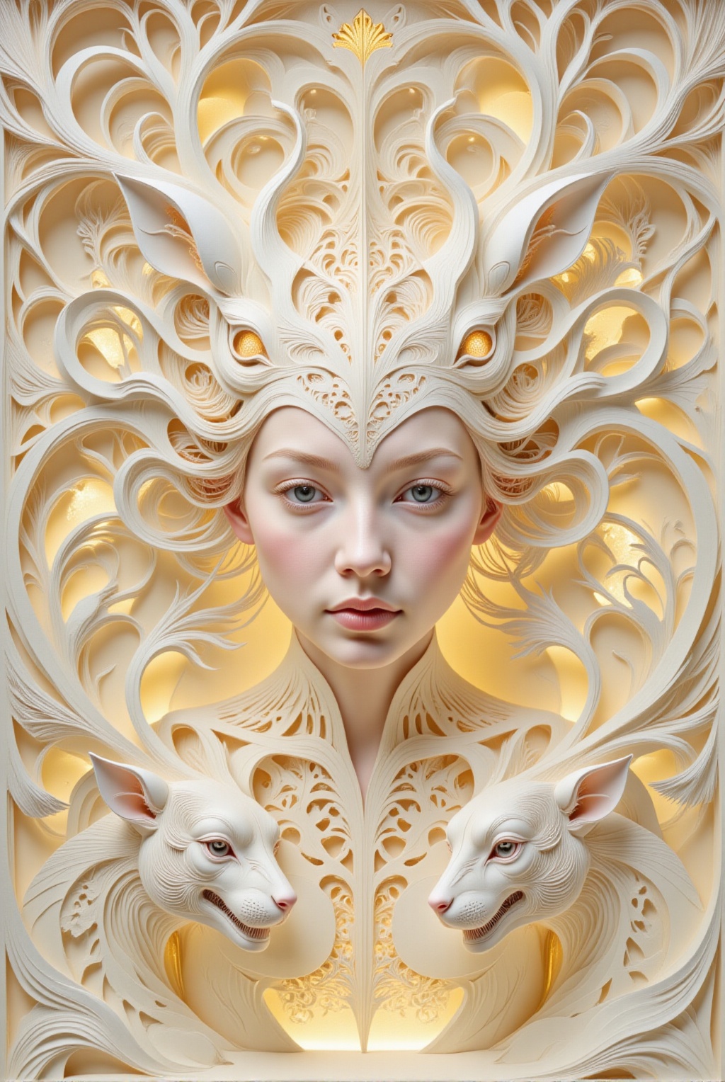 A hyperrealistic photography of a Caucasian girl's face with a creature,  reminiscent of James Christensen's style. The su...