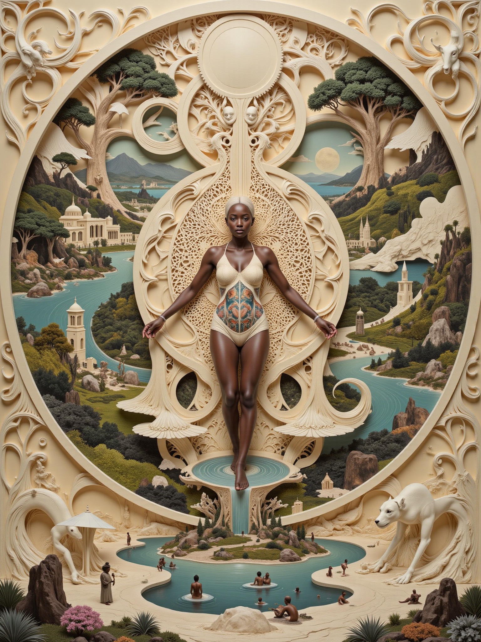 (1 beautiful african black skinned blonde woman and her Inner keychild,  surreal photography,  relative perspective on Ten...