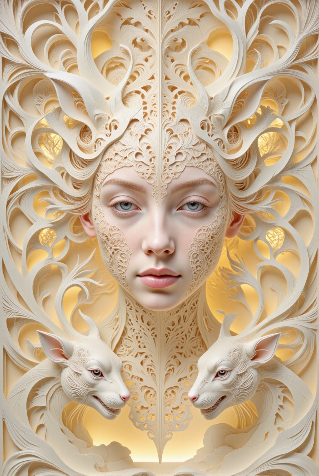 A hyperrealistic photography of a Caucasian girl's face with a creature,  reminiscent of James Christensen's style. The su...