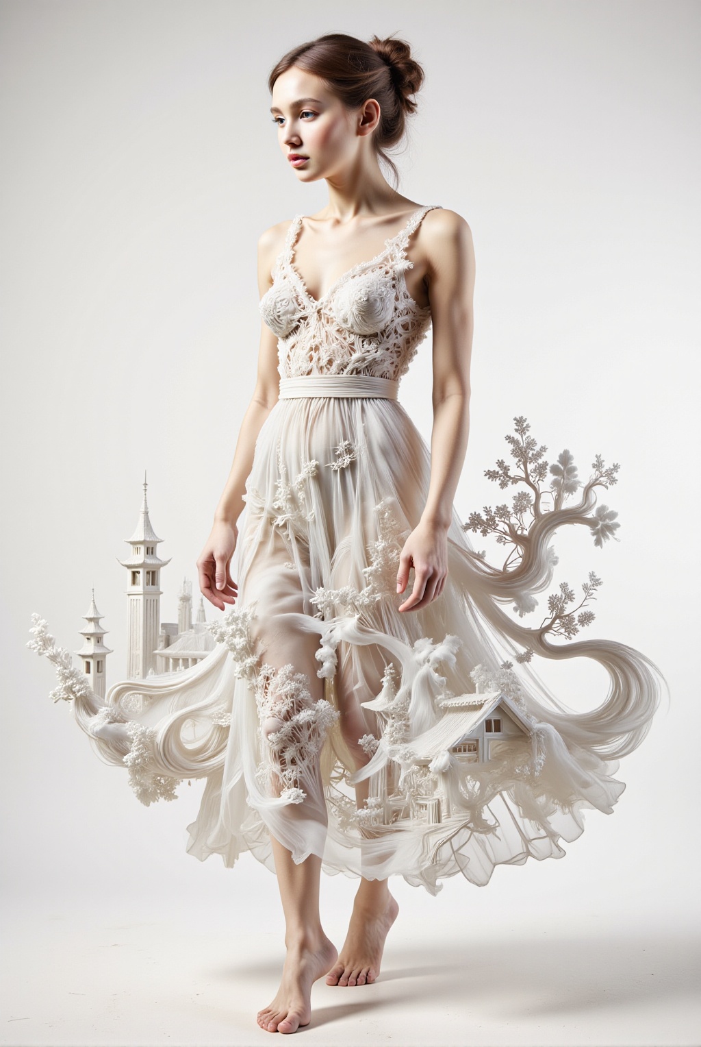 Surreal digital illustration painting in the style of Asa CHEN,  image view,  beautiful girl in a gauze dress on Tensor.Art