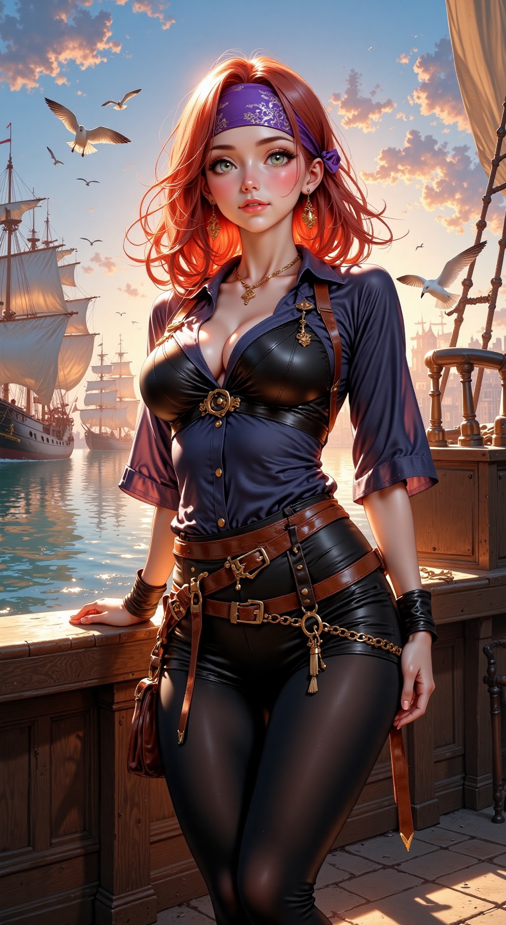 Full body portrait of a female pirate,  purple bandana on hair,  dark blue shirt on Tensor.Art