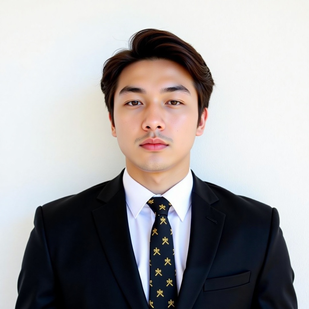a medium-sized Asian man,  dressed in a black suit jacket,  adorned with a white collared button-down shirt and a black ti...
