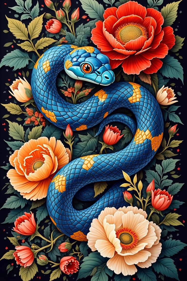 The painting depicts a deep blue snake,  punctuated by patches of vibrant yellow,  coiling amidst a lush scene of flowers...