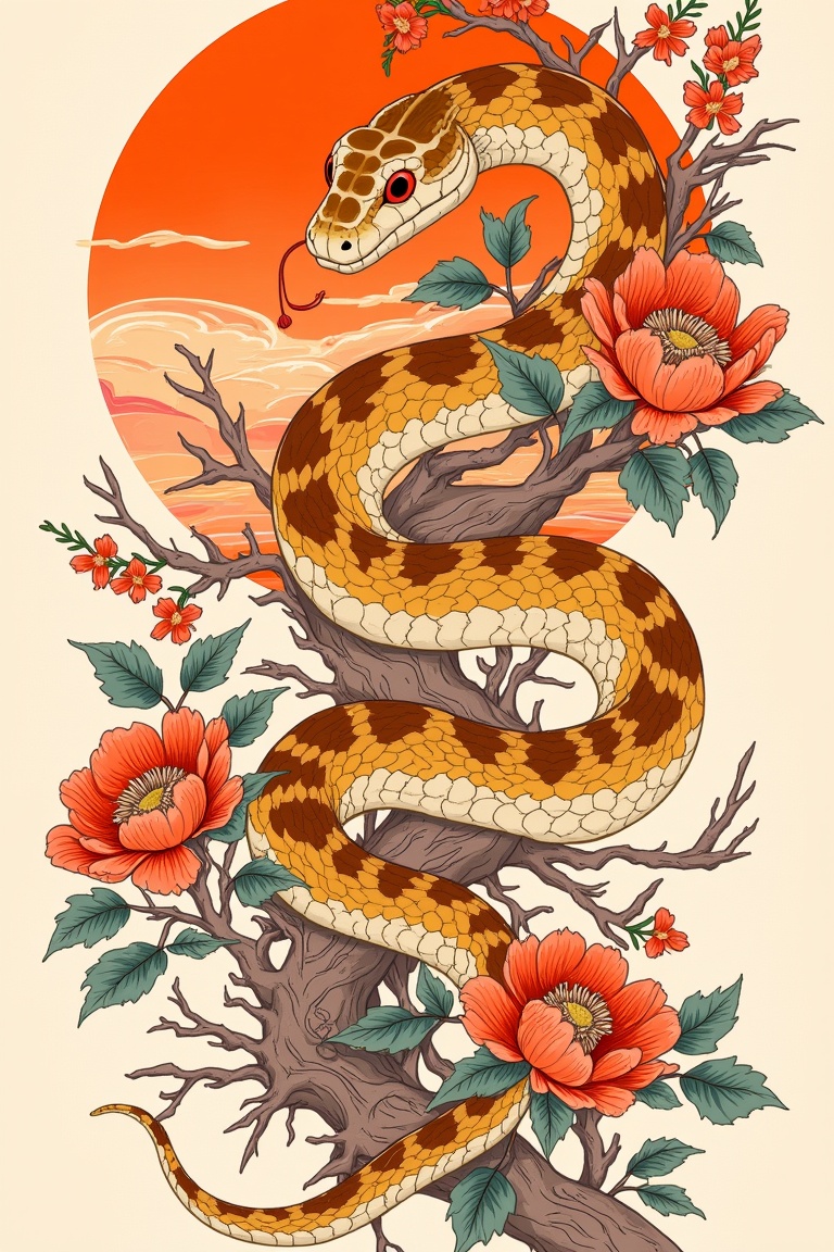 The image depicts a snake coiled among branches and flowers,  with a detailed drawing style and vivid colors. The snake ha...