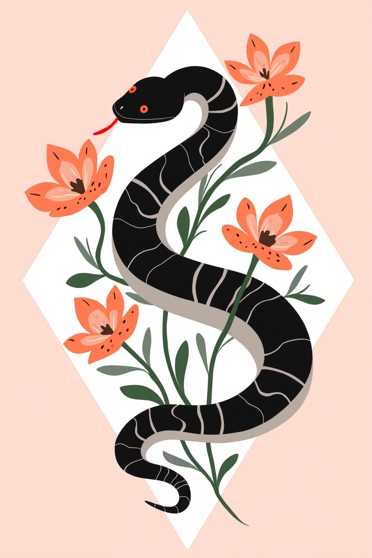 The image depicts a jet-black snake,  winding gently on a light pink background,  surrounded by peach-orange flowers. The...