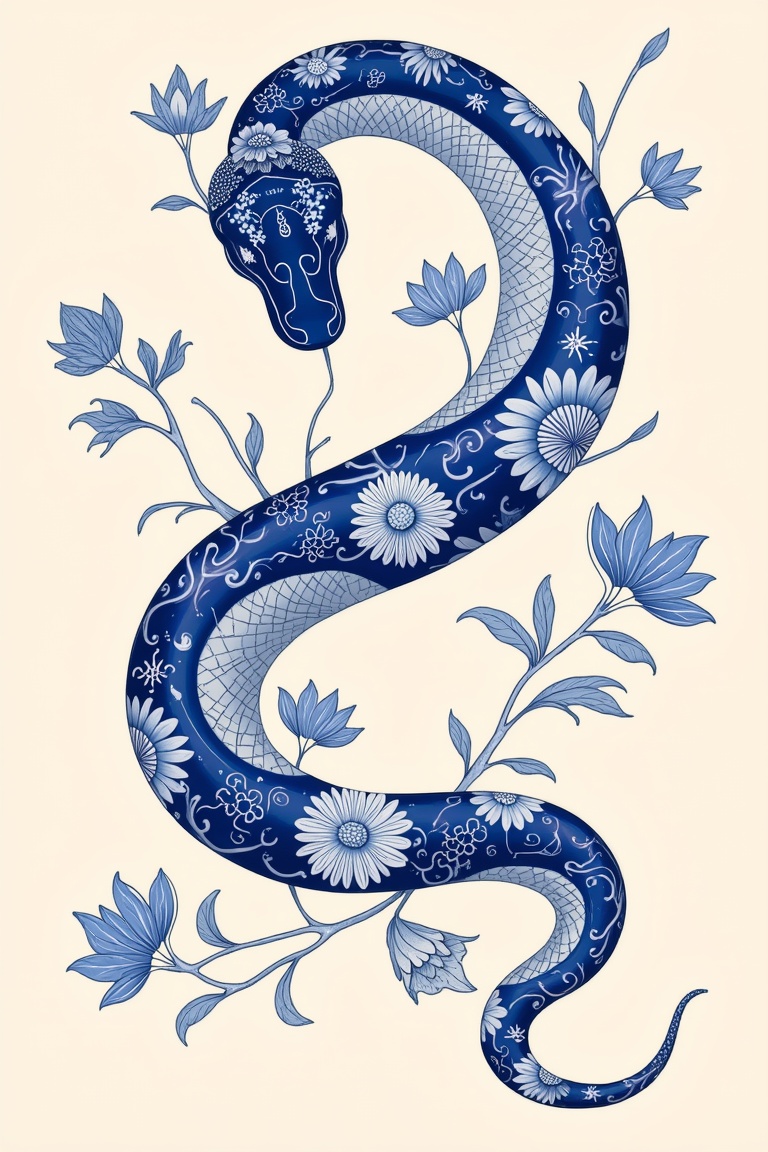 The image depicts a snake painted in a blue and white porcelain style,  winding gently on an ivory background. The entire...