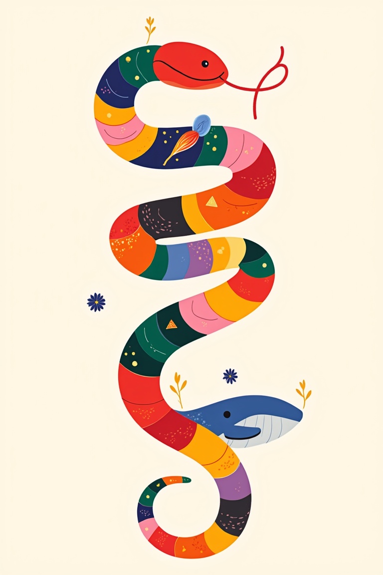 The image depicts a highly stylized snake,  winding vertically on an off-white background. The snake is formed from variou...