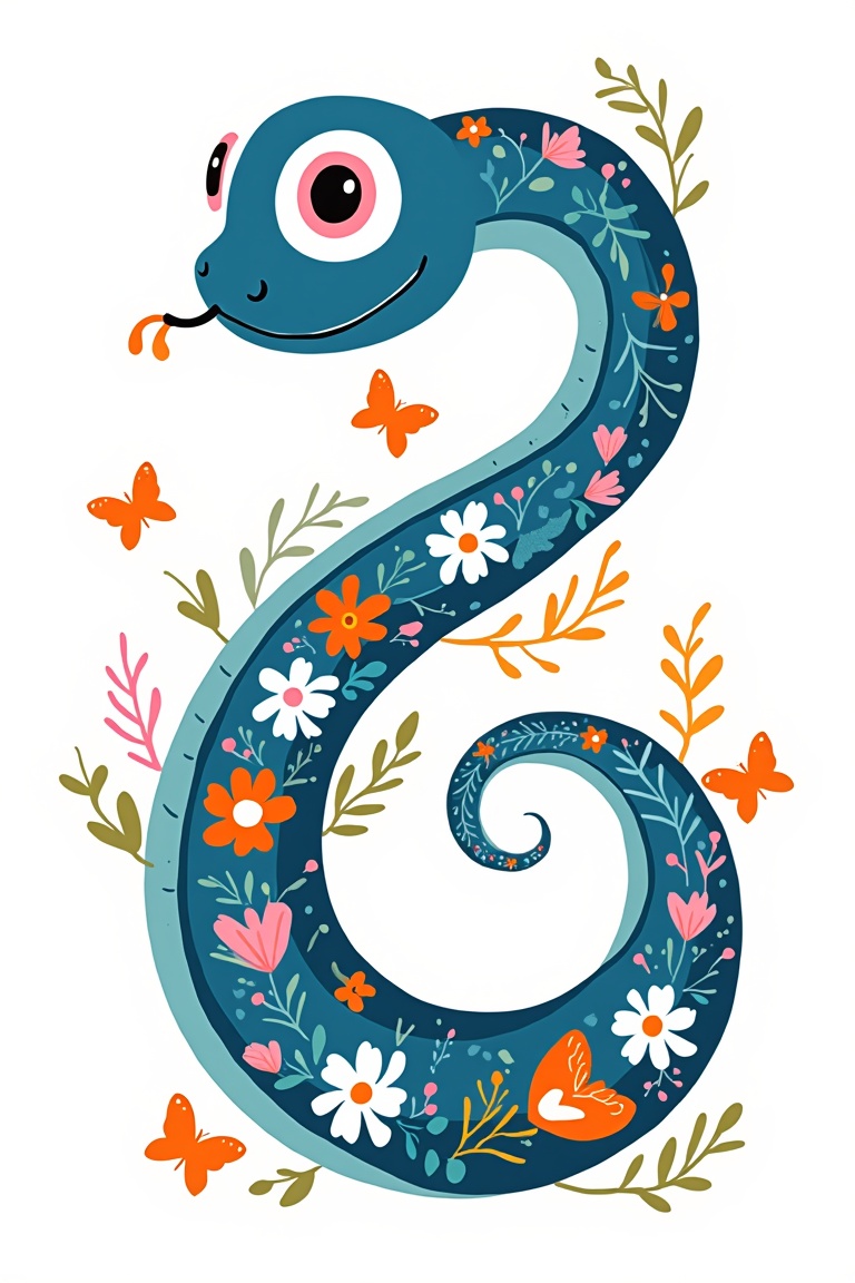 The image depicts a blue snake,  decorated with various floral patterns and small details,  on a white background. The sna...