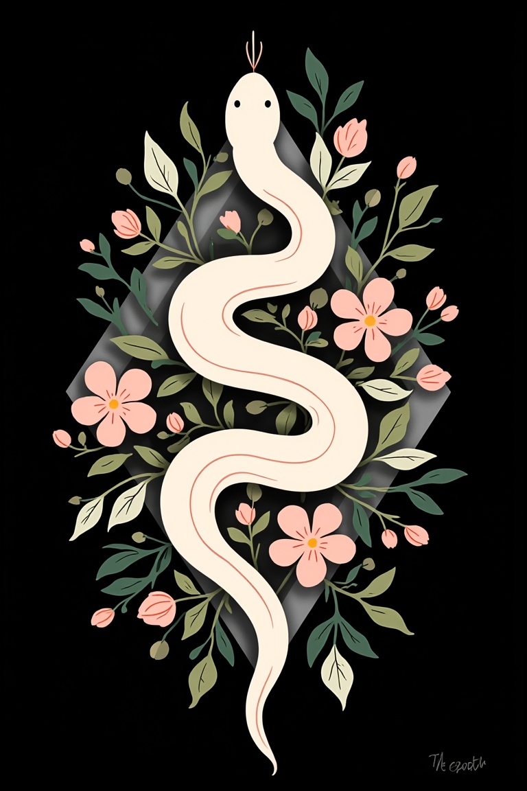 The image depicts a creamy white snake winding on a black background,  surrounded by five-petaled peach-pink flowers and g...