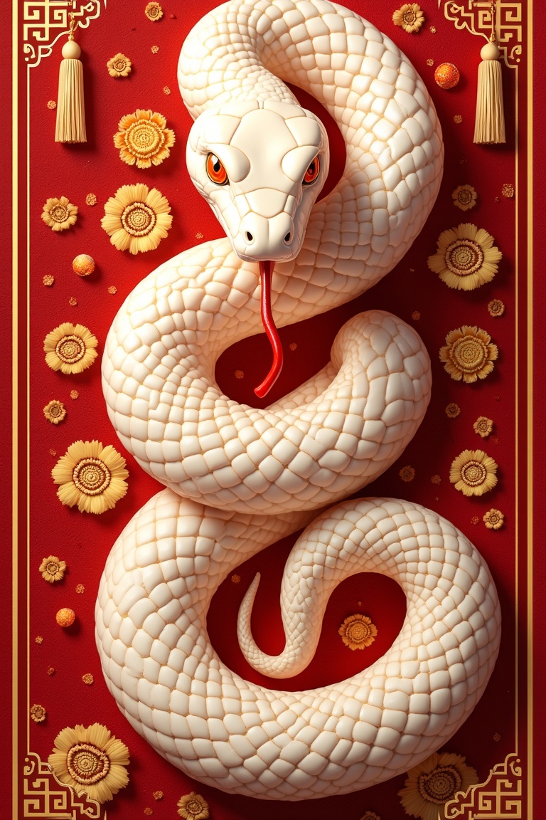 The image depicts an ivory-white snake,  with detailed scales,  winding on a red and gold background. The snake occupies m...