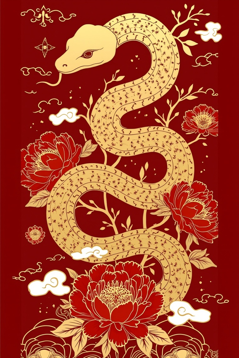 The image depicts a stylized golden snake,  winding gently on a dark red background,  creating a strong and eye-catching c...