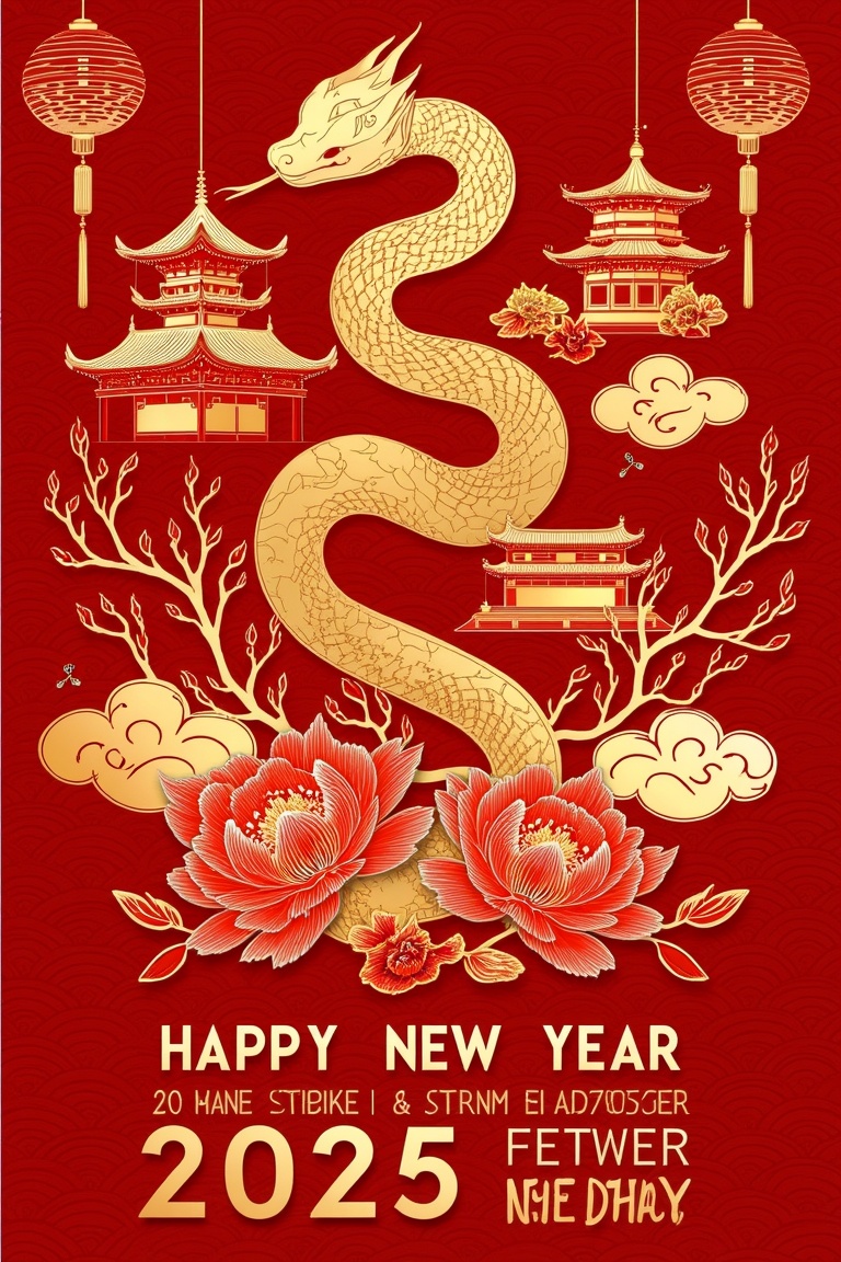 The image is a graphic design celebrating the 2025 New Year,  the Year of the Snake,  with a dominant red and gold color s...