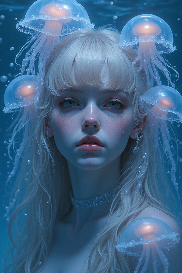 Portrait of an enchanting woman with glowing jellyfish tentacles embedded in her hair,  her serene face framed by an under...
