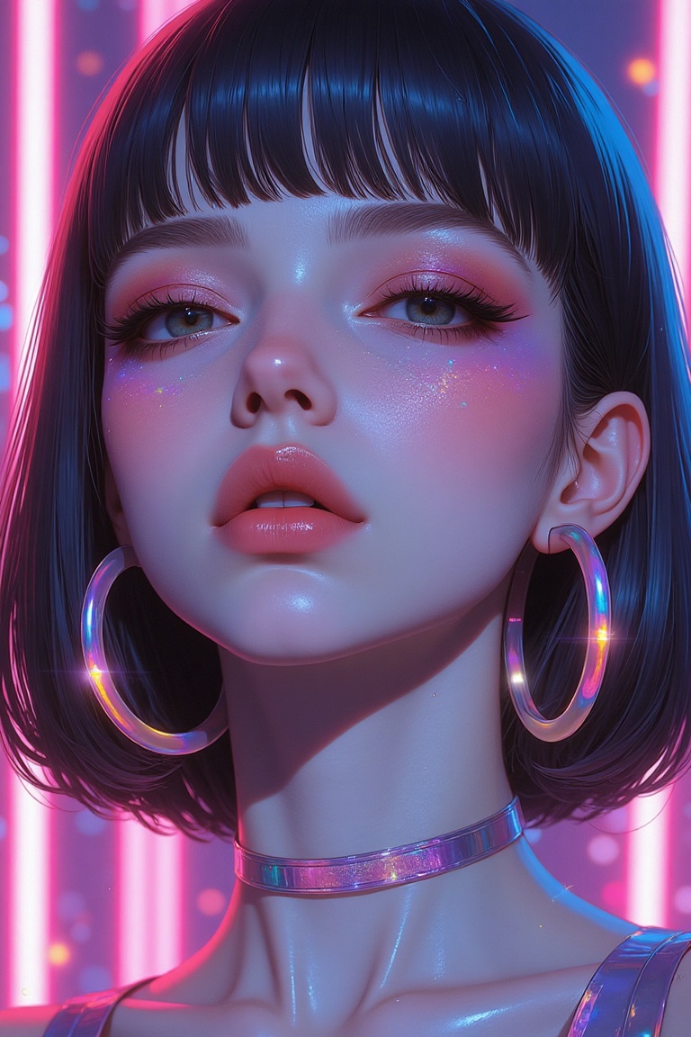 Zoom-in illustration of a woman with a holographic lip gloss and chunky hoop earrings,  her eyes enhanced by colorful eyes...