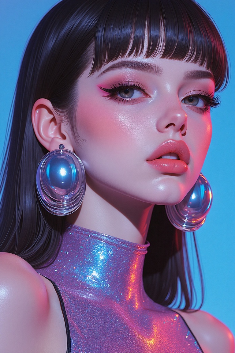 "Zoom-in illustration of a stylish woman with a shiny,  glittery crop top and oversized earrings,  her lips bold with a br...
