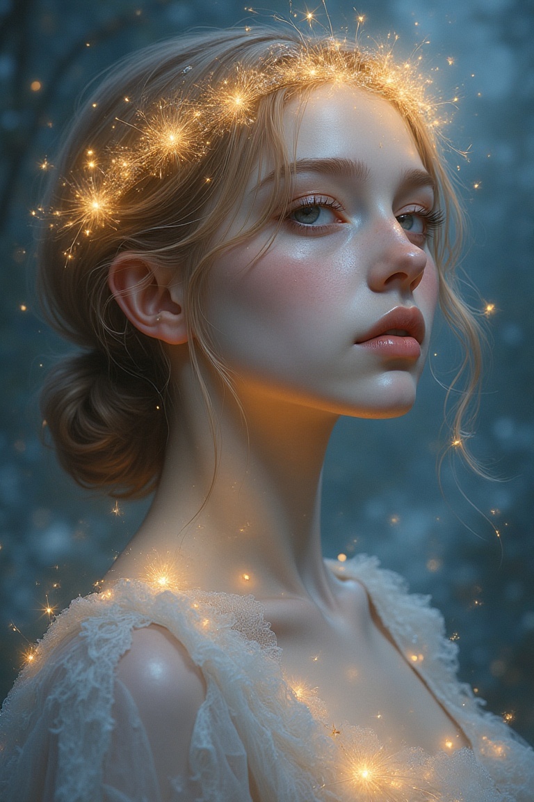 "Portrait of a whimsical woman with a delicate glowing crown made of fireflies,  her gaze dreamy and surrounded by soft,...