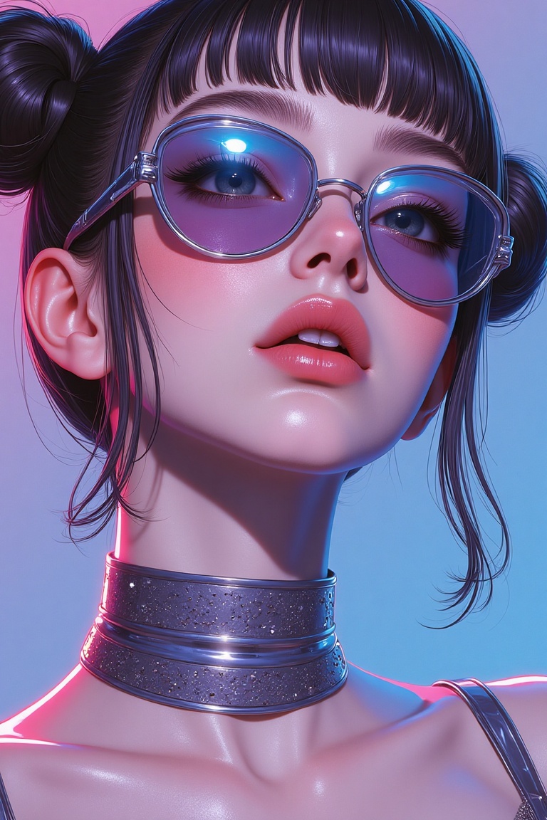 "Zoom-in illustration of a stylish woman wearing a metallic choker and reflective sunglasses,  her skin glowing with a glo...