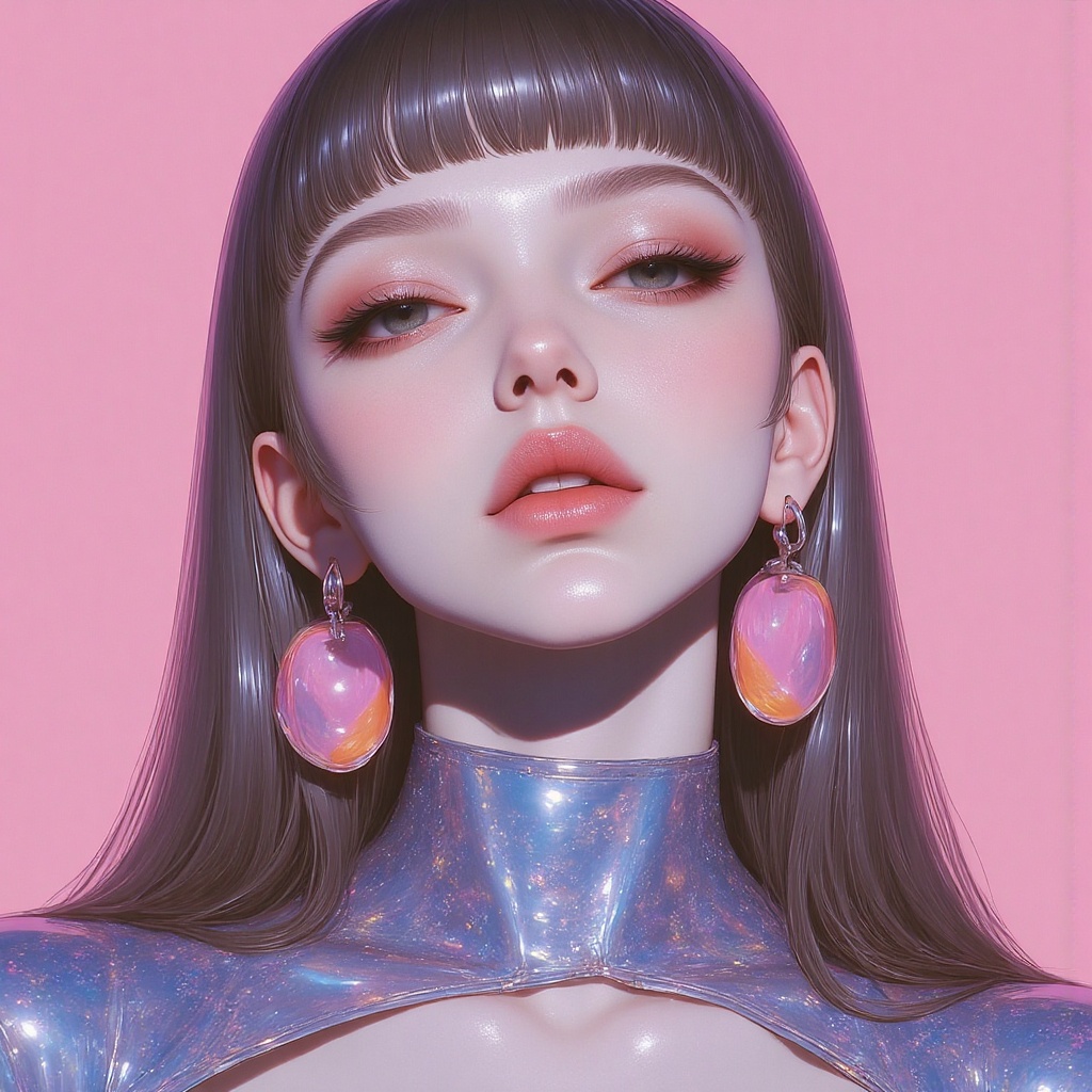 "Zoom-in illustration of a stylish woman with a shiny,  glittery crop top and oversized earrings,  her lips bold with a br...