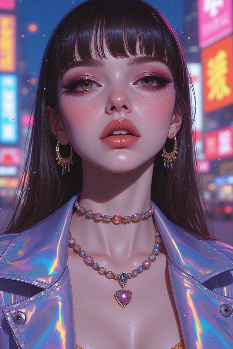 "Zoom-in illustration of a trendy woman with a shiny holographic jacket,  bold glittery eye makeup,  and a beaded necklace...