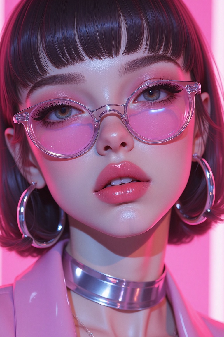 "Zoom-in illustration of a Y2K-inspired woman wearing a glossy pink lip gloss,  adorned with chunky silver hoops,  and her...