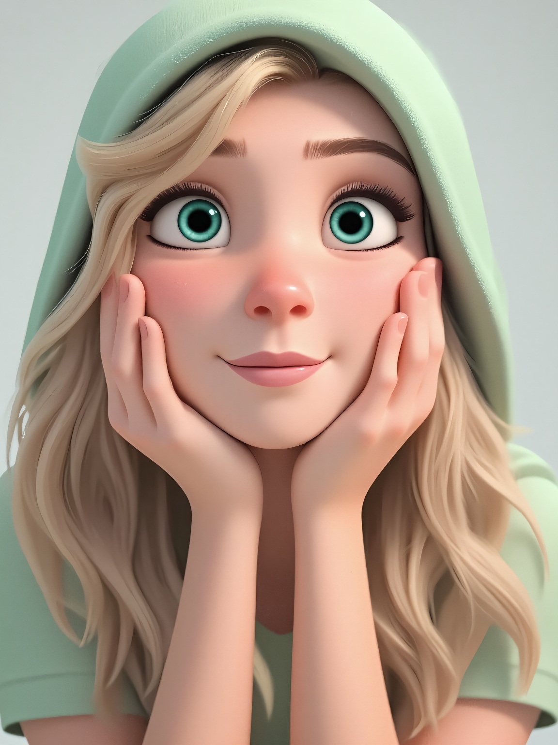 a cartoon girl with long blonde hair. The girl is wearing a light green hat that has a hood on it. Her eyes are a piercing...