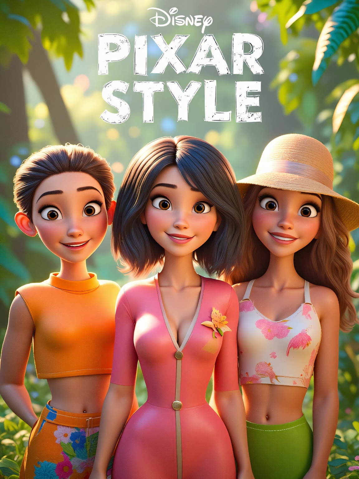 A vibrant poster featuring the bold text 'Disney Pixar Style' prominently displayed at the top,  with three unique animate...