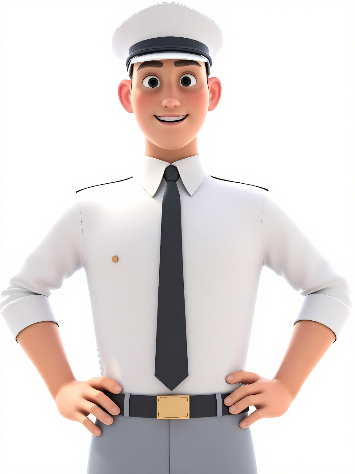 A 3D rendering of a man in a white uniform is standing against a stark white backdrop. The man is wearing a white cap with...