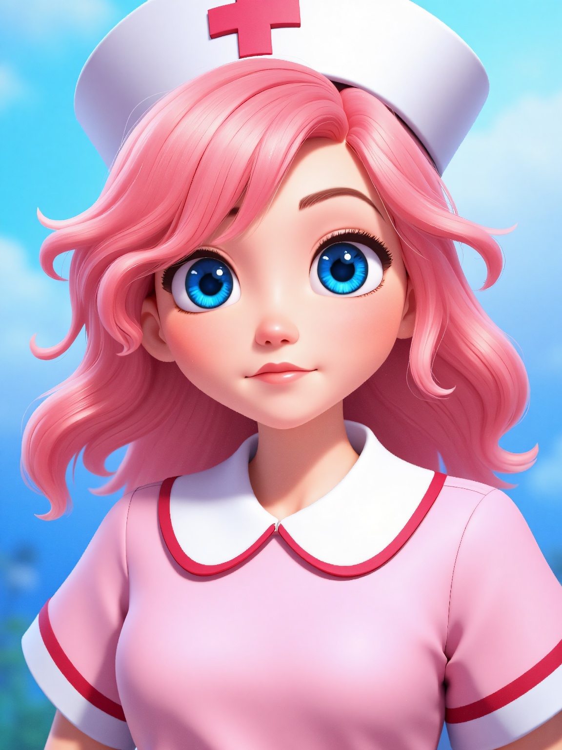 a young girl in a pink nurse uniform. The uniform is a light pink with a white collar and a red stripe around the collar....