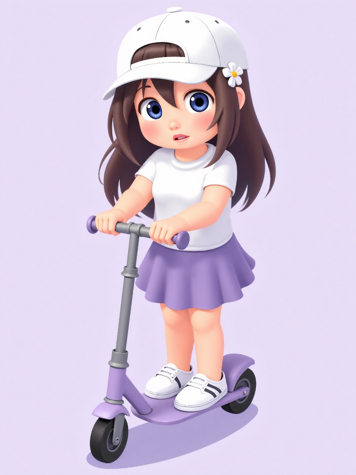 a young girl riding a scooter. The girl is wearing a white baseball cap on her head,  a white shirt,  and a purple skirt....