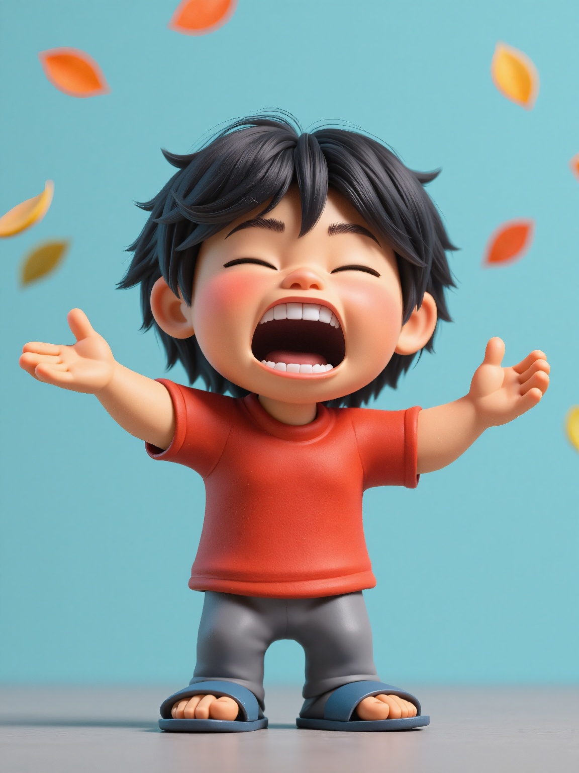 A Asian boy with black hair and bangs. He is dressed in a red shirt,  gray pants,  and blue sandals. The boy's mouth is op...