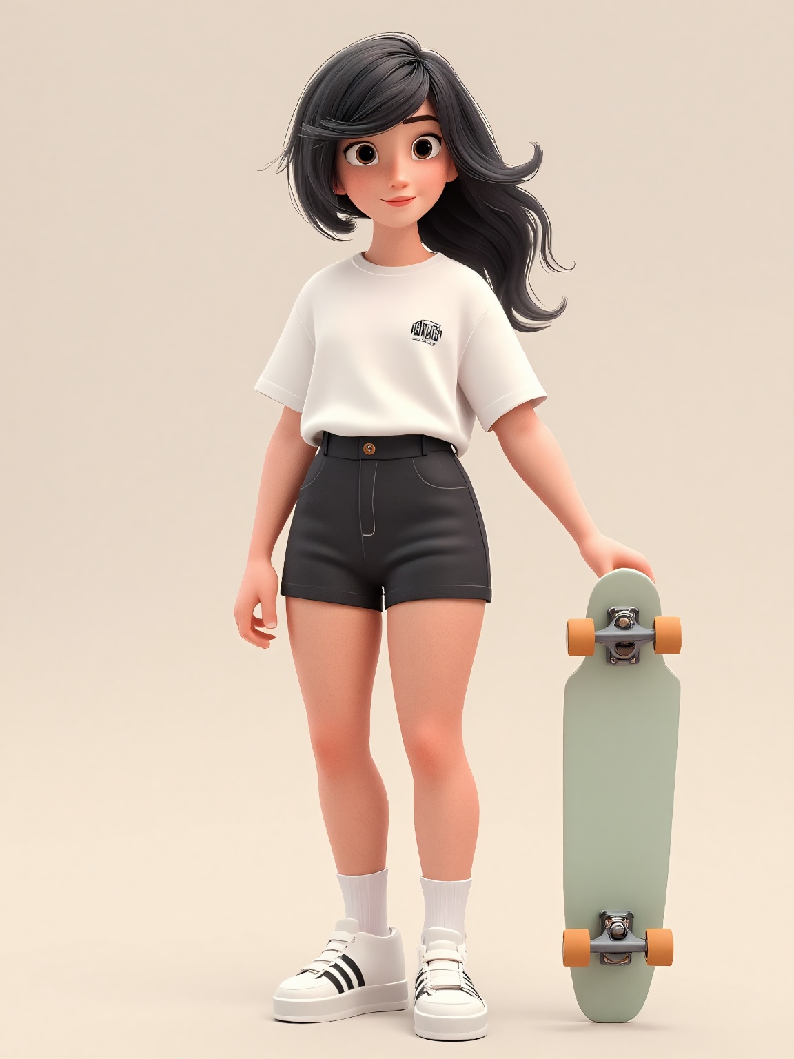 A cartoon girl with long black hair is standing in front of a light brown background. She is wearing a white short sleeve...