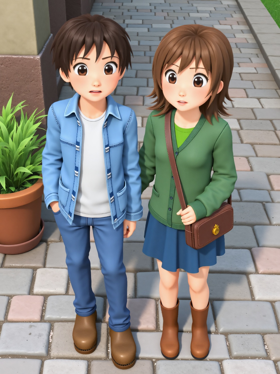 Two characters are standing next to each other. The character on the left is a boy with dark brown hair and dark brown eye...