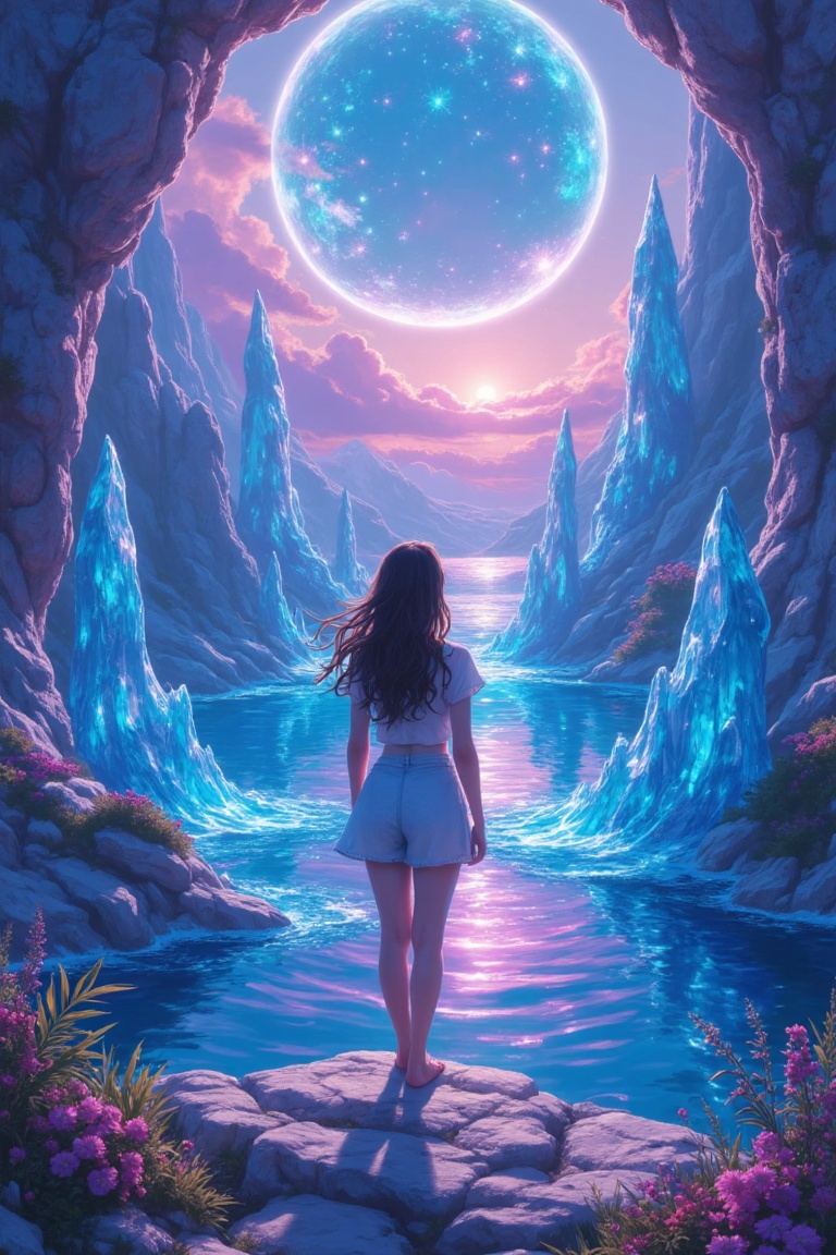 An illustration of a woman standing on a crystal cliff,  zoom-in on her face as she gazes at a surreal glowing lake,  with...