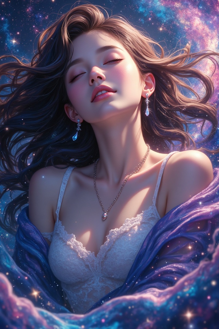 An enchanting illustration of a woman floating in a galaxy of stars,  zoom-in on her peaceful face,  her body wrapped in s...