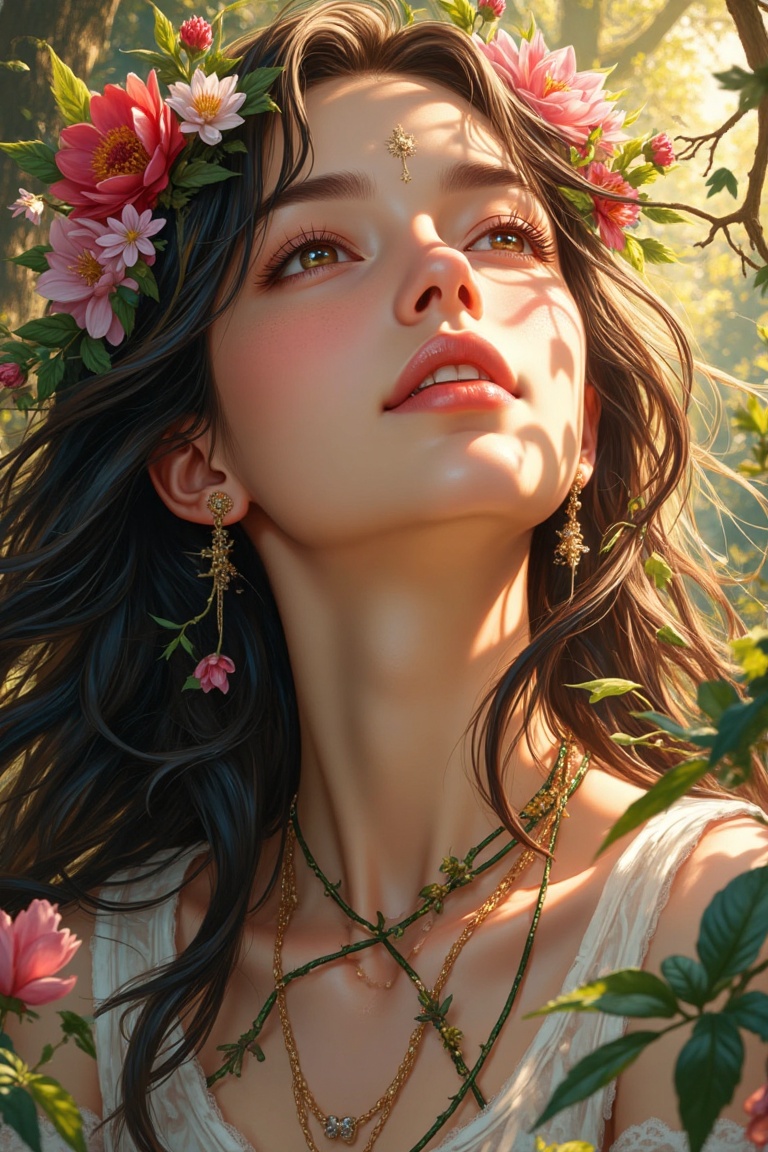 An intricate illustration of a woman with a crown of flowers and vines,  zoom-in on her serene expression,  with a dreamy...