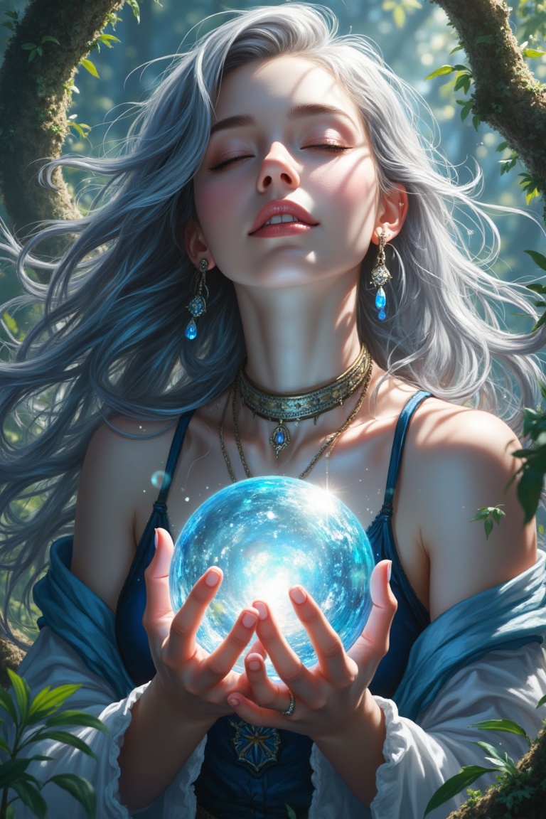 A dreamy fantasy illustration of a woman with flowing silver hair,  her eyes closed as she holds a glowing orb,  zoom-in o...