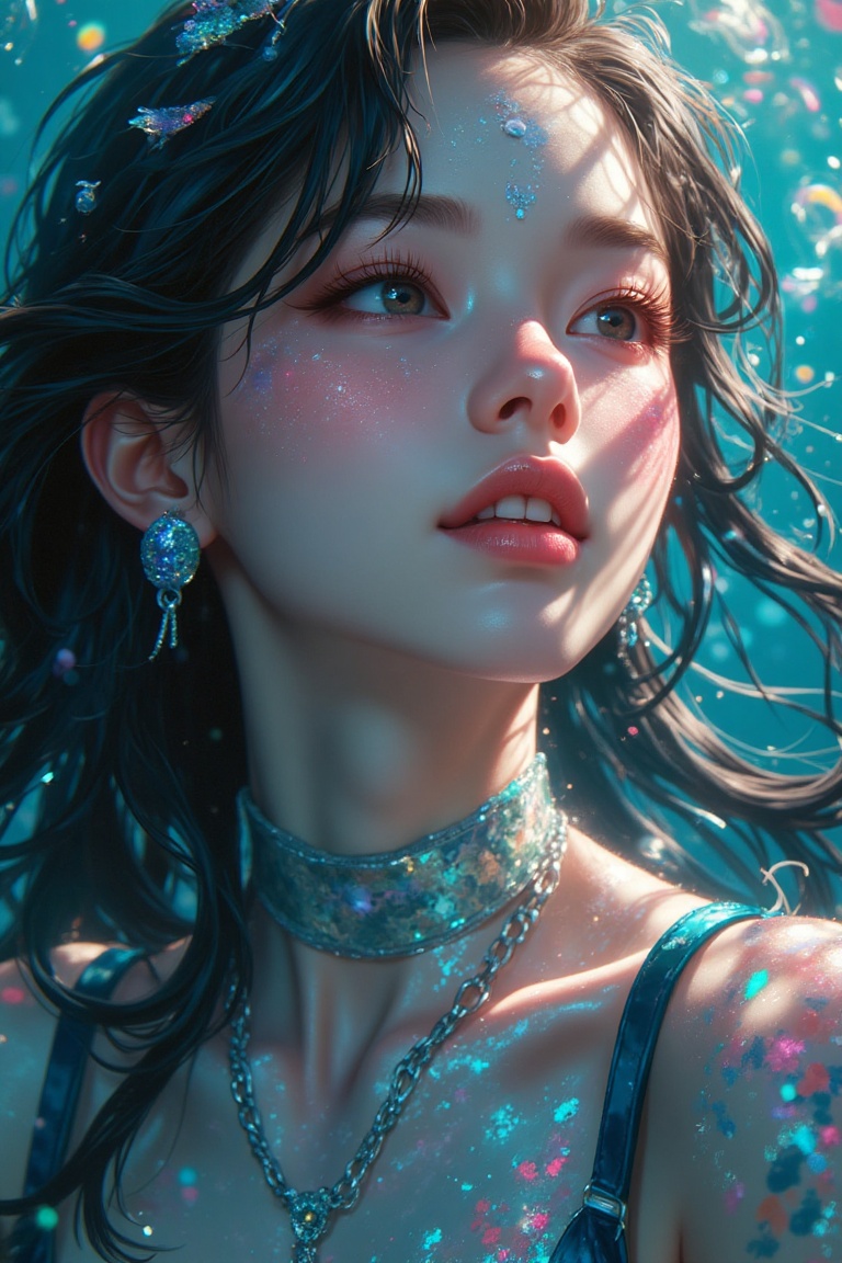 A dreamy fantasy illustration of a woman with shimmering scales on her skin,  zoom-in on her mysterious smile,  as she eme...
