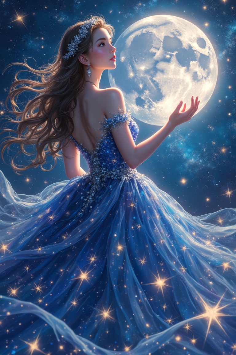 An enchanting illustration of a woman in an elegant gown made of stars,  zoom-in on her delicate hands reaching out to the...