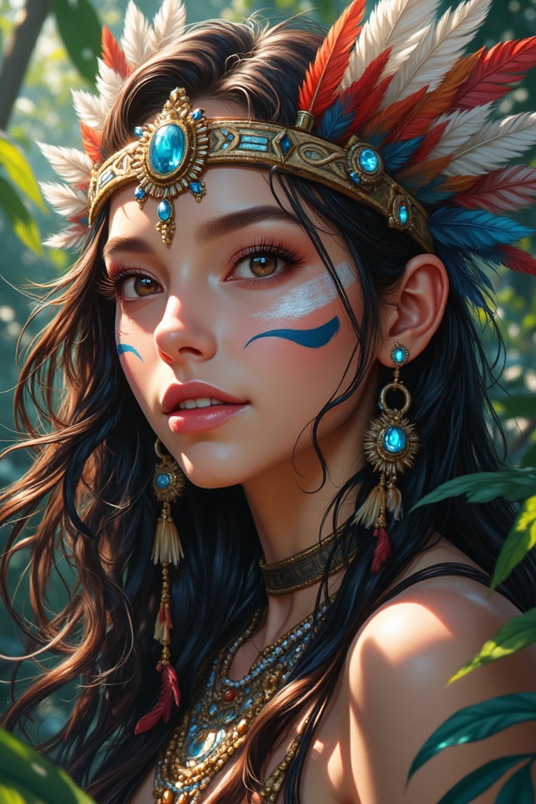 "A close-up illustration of a woman with a headdress made of feathers and jewels,  her face painted with tribal markings,...