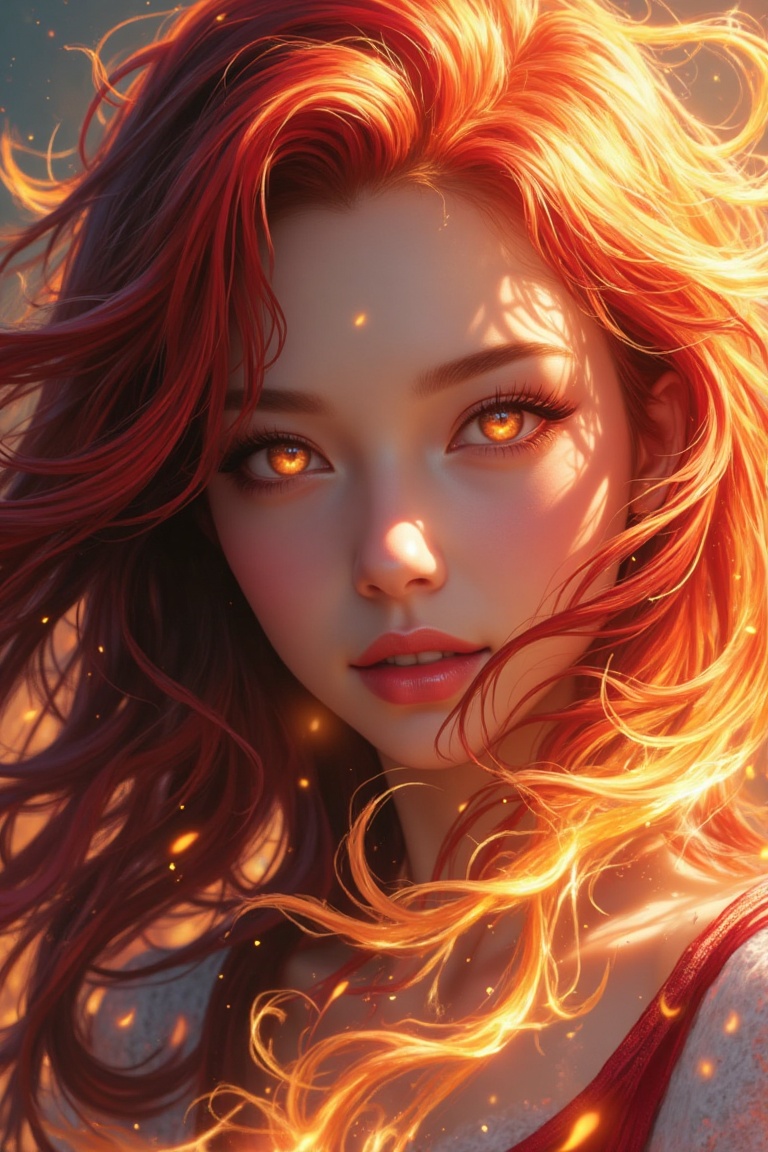 "A close-up fantasy illustration of a woman with vibrant,  flowing hair that turns into flames,  her eyes glowing like emb...