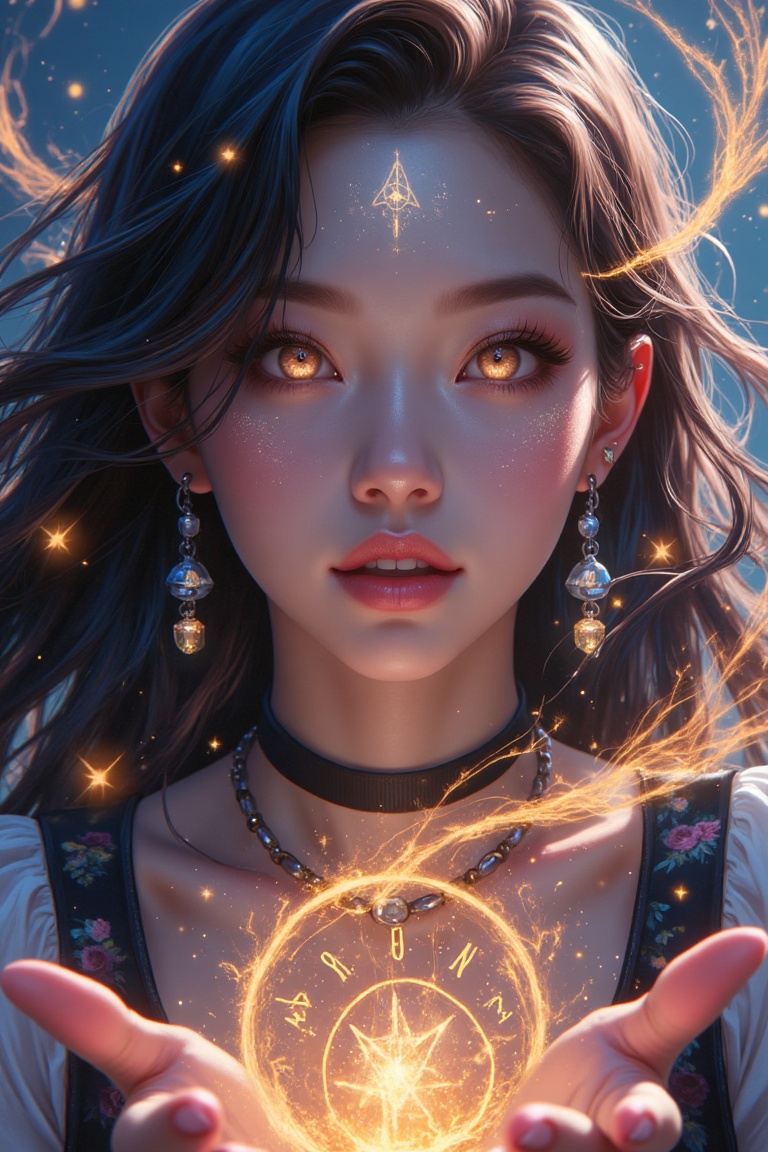 A magical illustration of a woman casting a spell with glowing runes,  zoom-in on her determined eyes,  surrounded by swir...