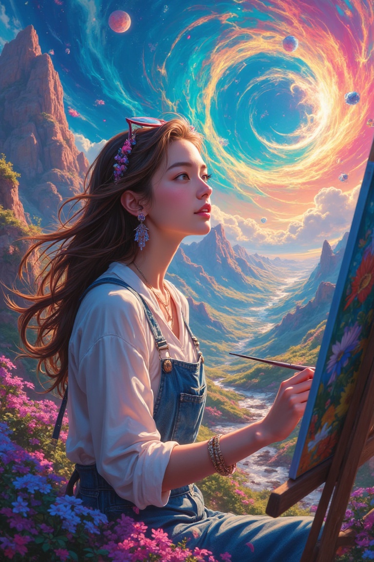 "An artistic illustration of a woman painting a surreal landscape,  zoom-in on her focused expression,  surrounded by swir...